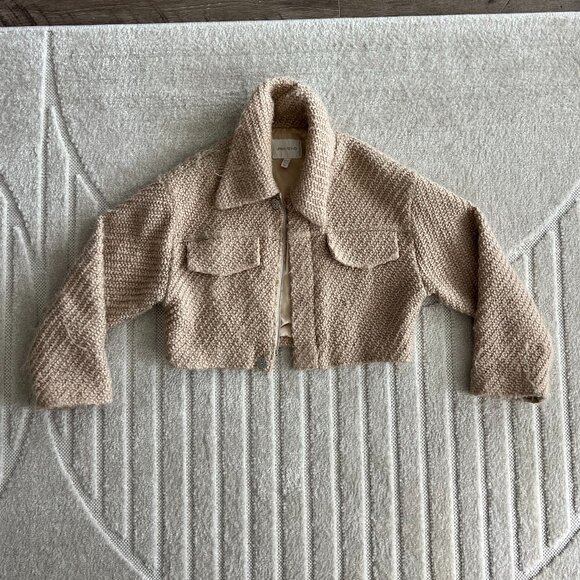 Urban Revivo Women's Textured Tan Cropped Teddy Jacket, in US 4 - Picture 4 of 4